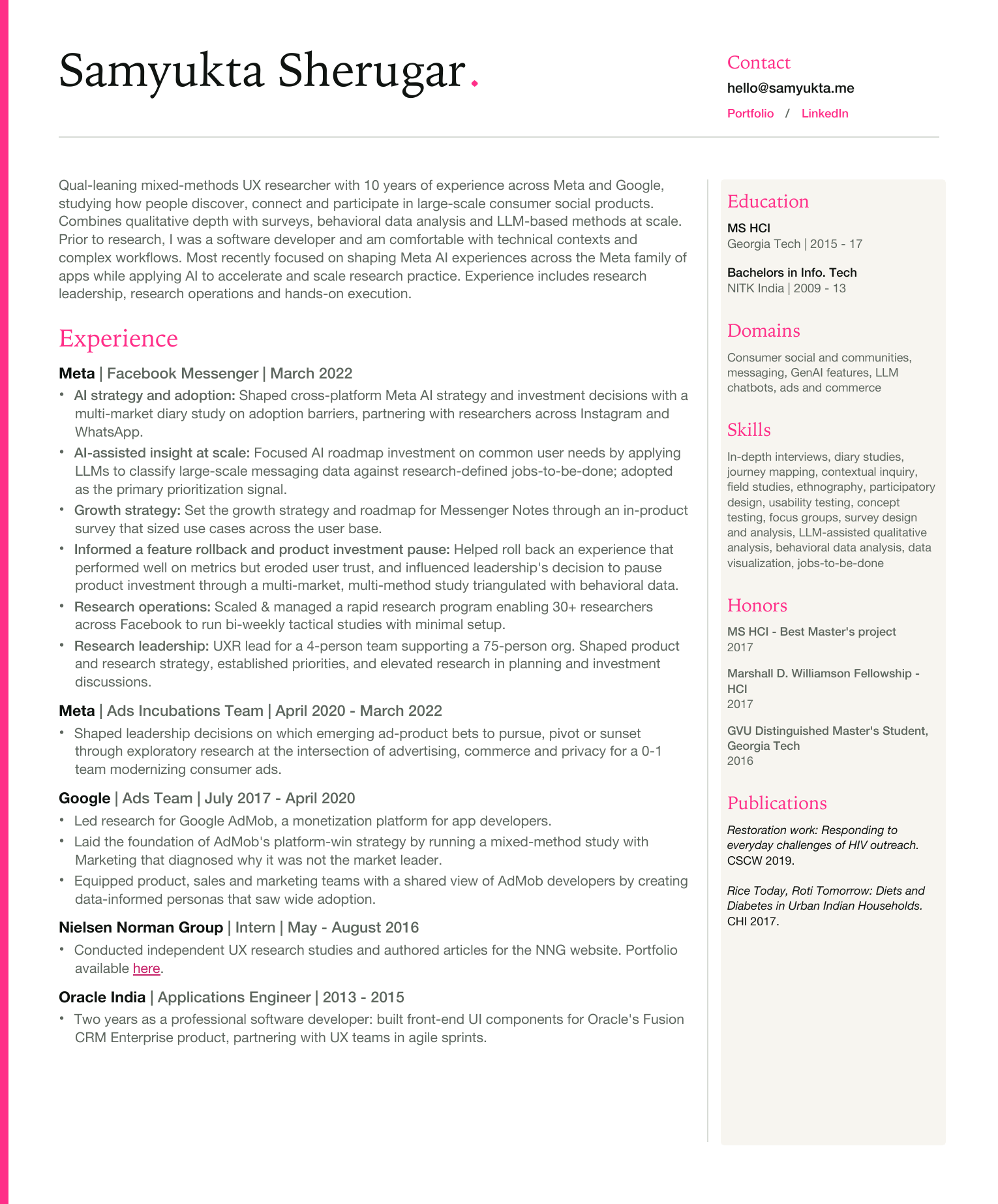 Samyukta Sherugar's one-page resume